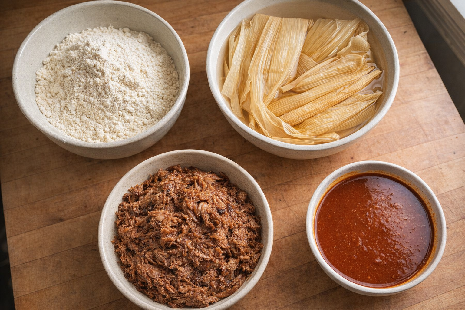 An overhead shot of the ingredients for tamales, including masa harina, dried corn husks soaking in a bowl, shredded pork filling, and enchilada sauce, all arranged on a wooden countertop